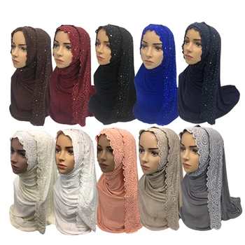 Algodón Musulmana Con Hiyab Bufanda De Las Mujeres Chal Islámica Turbante De Las Mujeres De Encaje Velo Musulmán Bufanda Chal De 10 Colores