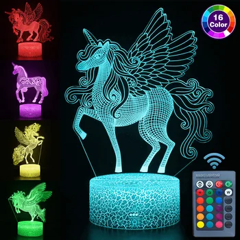 Alimentado por USB Remoto y Control Táctil 3D LED Luz de la Noche Unicornio de la serie 16 Cambio de Color de la Tabla de LED Lámpara de Escritorio de los Niños Dormitorio Decoración