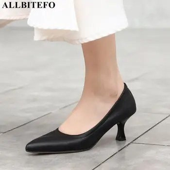 ALLBITEFO de alta calidad de cuero genuino de la marca tacones parte de las mujeres zapatos de mujer de tacón alto de los zapatos de fino tacón zapatos de las señoras de la oficina