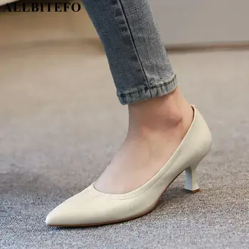 ALLBITEFO de alta calidad de cuero genuino de la marca tacones parte de las mujeres zapatos de mujer de tacón alto de los zapatos de fino tacón zapatos de las señoras de la oficina