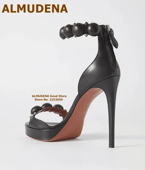 ALMUDENA Negro Mate de Cuero Bombe Zapatos de tacón de Aguja Tacones de Plataforma, Sandalias con Tachas Elegante Botón de Verano Zapatos de Vestir Size47 Bombas