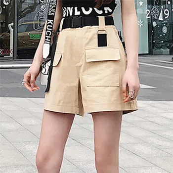 Altura de la Cintura Ancho de Pierna de Carga de las Mujeres Shorts Vintage Fajas Sólida de color Caqui Bolsillo de la Mujer pantalones Cortos de 2020 Moda de Verano NUEVA Ropa Casual