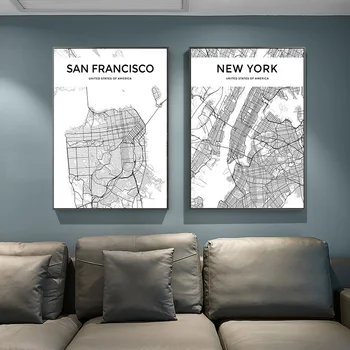 América estados UNIDOS Mapa de la Ciudad Carteles y Grabados Abstractos, Pinturas en Lienzo Blanco y Negro de Nueva York, San Francisco de Arte de Pared de Imagen de Decoración para el Hogar