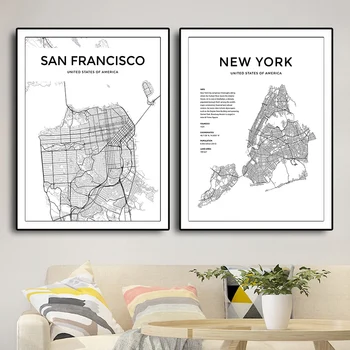 América estados UNIDOS Mapa de la Ciudad Carteles y Grabados Abstractos, Pinturas en Lienzo Blanco y Negro de Nueva York, San Francisco de Arte de Pared de Imagen de Decoración para el Hogar