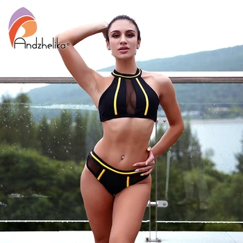 Andzhelika Nuevo Sin Tirantes Sexy Chicas Bikini Set De Malla De Pacthwork Sin Traje De Baño Brasileño De Playa De Verano Traje De Baño Monokini