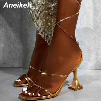 Aneikeh de las Mujeres los Zapatos de la Cruz-Atado de la Cabeza Peep Toe de Retazos de Moda de la Boda zapatos de Tacón Alto Sandalias Mujer NUEVA 2020 Verano de Banda Estrecha