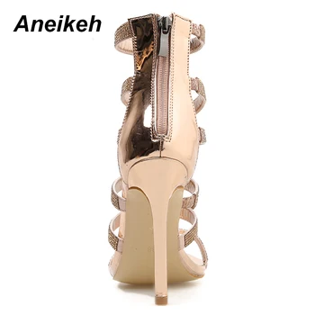 Aneikeh Sexy Bling Cristal Sandalias de Gladiador de diamantes de imitación de las Mujeres de los Zapatos de Dedo del pie Abierto tacón de Aguja Tacones de las Señoras del Partido de la Cremallera Sandalias