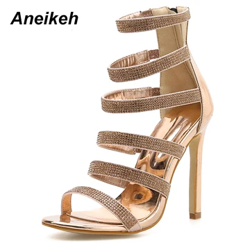 Aneikeh Sexy Bling Cristal Sandalias de Gladiador de diamantes de imitación de las Mujeres de los Zapatos de Dedo del pie Abierto tacón de Aguja Tacones de las Señoras del Partido de la Cremallera Sandalias