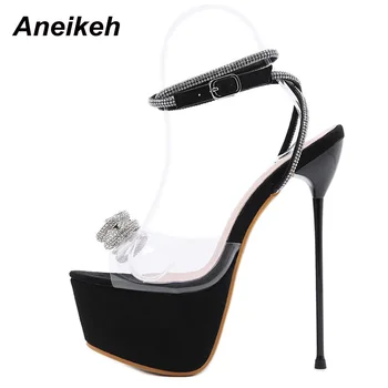 Aneikeh Zapatos Para las Mujeres 2021 Dulce Mariposa Nudo Limita Bling Cristal de Patchwork zapatos de Tacón Alto Sandalias de PVC de Verano NUEVA 34-40 Negro