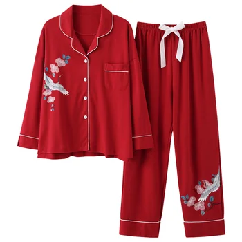 Animal pijamas de las mujeres rojo festivo de la impresión de las señoras traje de solapa de manga larga pijama conjunto de servicios en el hogar de los corralones 3XL pijamas de mujer 117491