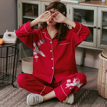 Animal pijamas de las mujeres rojo festivo de la impresión de las señoras traje de solapa de manga larga pijama conjunto de servicios en el hogar de los corralones 3XL pijamas de mujer