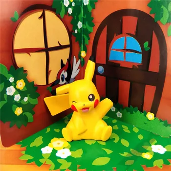Anime japonés Monstruo Elf Pokemon Modelo de Tarjeta de Juguete de la Casa de Jenga Escena en Caja de Color