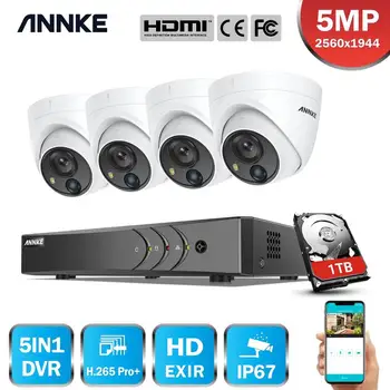 ANNKE 4CH de 5MP Cámara de Seguridad del Sistema de 5MP Lite 5IN1 H. 265+ DVR 4PCS cámara de 5MP PIR HD EXIR Cúpula resistente a la Intemperie de Vigilancia CCTV Kit