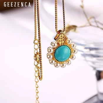 Antigüedades de la Plata Esterlina 925 chapado en Oro de la Turquesa de la Perla Colgante Collar de Moda de la Vendimia Japón Estilo de Collares de la Joyería de las Mujeres