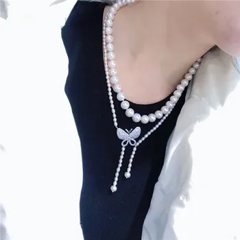 Anudado a mano natural 2rows blanco de agua dulce de la perla de la mariposa de los accesorios del collar de la joyería de la moda