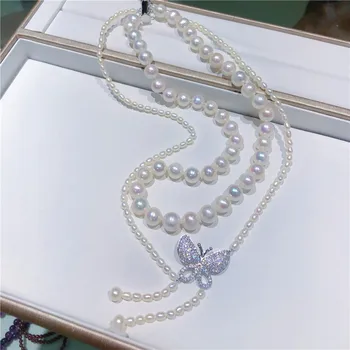 Anudado a mano natural 2rows blanco de agua dulce de la perla de la mariposa de los accesorios del collar de la joyería de la moda