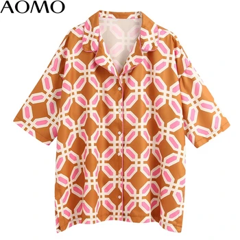 AOMO de la moda de las mujeres de gran tamaño de impresión de la gasa de la blusa de verano de manga corta elegante femenina casual suelto blusas tops BE363A 44825