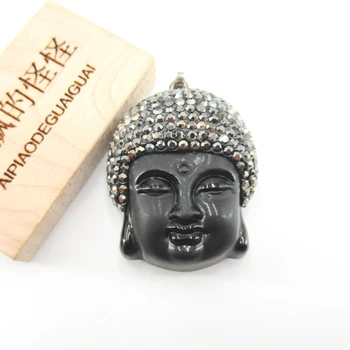 APDGG 25x35mm Religioso Natural de cuarzo tallado de Cabeza de Buda Negro Rhinestone Pavimenta Encantos colgante de collar de la Joyería de BRICOLAJE