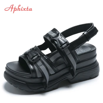 Aphixta 8cm Plataforma Sandalias de Cuña de las Mujeres zapatos de Tacón Alto de los Zapatos de las Mujeres de la Hebilla Brillante Lienzo de Verano Zapatos Mujer Zapatillas de Mujer Sandalias