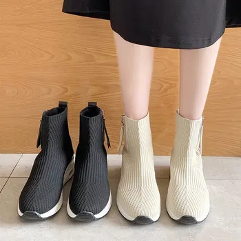 Aphixta de tejer Zapatos de las Mujeres el Aumento de Altura de Tobillo Botas de Cremallera Tejido de Mujer Sping de Otoño de la Moda de Absorción de Choque de Mujer Zapatos