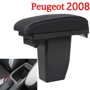 Apoyabrazos Cuadro para Peugeot 2008 Automóvil Central de Almacenamiento de Contenedores de Carga USB de Cuero de la PU Negro