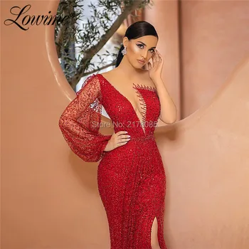 Arabia Saudita Perlas De Color Rojo Vestidos De Noche Elegantes Mangas Largas Desfile De Vestidos De Fiesta De La Ilusión De Abalorios Dubai Árabe De Vestidos De Fiesta De 2020