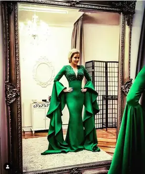 Arabia Saudita Verde Sirena Vestidos De Noche 2019 Llamarada Volantes De Mangas Largas De Encaje Con Cuentas De Largos Vestidos De Fiesta Vestido De Fiesta Elegante