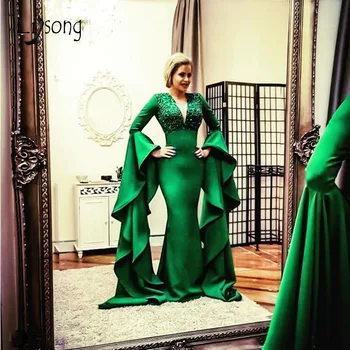 Arabia Saudita Verde Sirena Vestidos De Noche 2019 Llamarada Volantes De Mangas Largas De Encaje Con Cuentas De Largos Vestidos De Fiesta Vestido De Fiesta Elegante