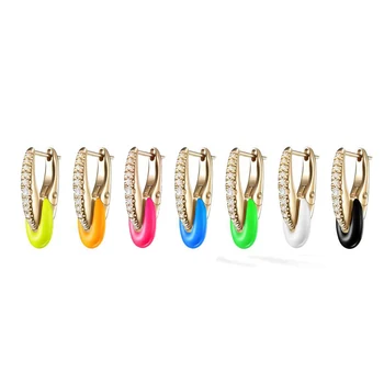 Arco iris Colorido de la Joyería de la manera del Color del Oro Micro Pave CZ Barra de Neón Esmalte Oval de Perlas de la Moda Arete
