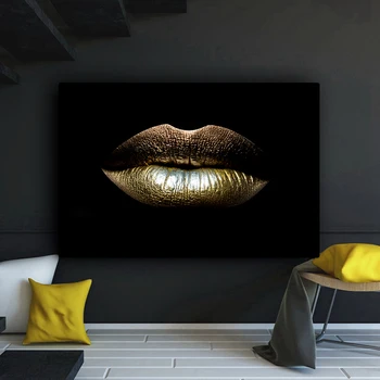 Arte de la pared de Lona Negro y dorado, los Labios sensuales de Lona de Maquillaje de Belleza Salón de Arte de la Lona de Imagen de Decoración del Hogar Cartel de ARTE de Una sola Pieza