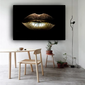 Arte de la pared de Lona Negro y dorado, los Labios sensuales de Lona de Maquillaje de Belleza Salón de Arte de la Lona de Imagen de Decoración del Hogar Cartel de ARTE de Una sola Pieza