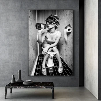 Arte moderno Sexy Niña Sentada En Un Inodoro, Pinturas en Lienzo de Posters y Impresiones en Blanco y Negro Impresiones de la Lona de Arte de Pared de Fotografías para el Hogar 7084