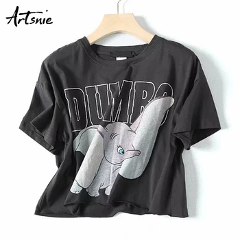 Artsnie ropa casual recortada dumbo camiseta de las mujeres de verano de 2019 gris oscuro camiseta de manga corta de mujer ropa de crop tops t-shirt