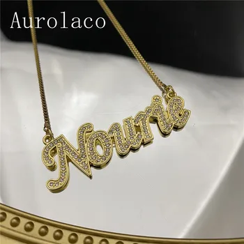 AurolaCo CZ Diamond Nombre del Collar de la Caja de la Cadena de encargo del Color del Oro del Acero Inoxidable de la Carta de la Placa de identificación del Collar para las mujeres Regalos