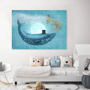 Azul de Cielo Estrellado, la Luna Delfín Cuerno de Ensueño, Pintura en tela, Vivero de Arte de la Pared Imprime el Cartel de la Foto de los Niños del dormitorio de la Decoración casera