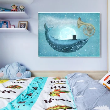 Azul de Cielo Estrellado, la Luna Delfín Cuerno de Ensueño, Pintura en tela, Vivero de Arte de la Pared Imprime el Cartel de la Foto de los Niños del dormitorio de la Decoración casera