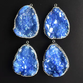 Azul de cristal de cuarzo Colgante de Piedra ágatas Druzy péndulo de piedra Natural encanto colgantes Collar de la joyería mayorista 4pcs/lot