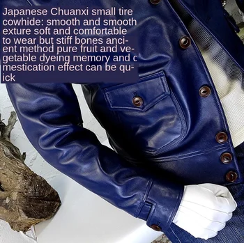 Azul Teñido Japonés Fetal piel de Vaca Curtida 1920 Cuero Auténtico Cuello de la Chaqueta de los Hombres de Alta Calidad