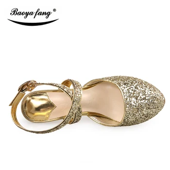 BaoYaFang Marca Blingbacks Bling Womens 12cm de tacón alto de la plataforma de los zapatos de mujer de moda de tacón grueso de la Bomba de oro/plata/rojo damas de zapatos 9759