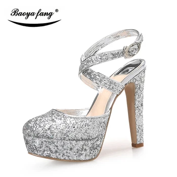 BaoYaFang Marca Blingbacks Bling Womens 12cm de tacón alto de la plataforma de los zapatos de mujer de moda de tacón grueso de la Bomba de oro/plata/rojo damas de zapatos