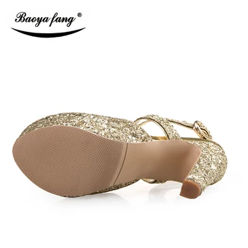 BaoYaFang Marca Blingbacks Bling Womens 12cm de tacón alto de la plataforma de los zapatos de mujer de moda de tacón grueso de la Bomba de oro/plata/rojo damas de zapatos