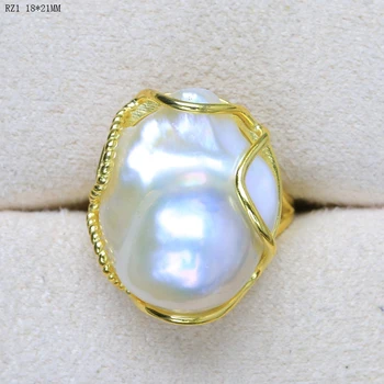 BaroqueOnly de alto brillo blanco perla barroca anillos ajustables naturales, grandes perlas hechas a mano de la joyería 925 de plata esterlina RZ 1180