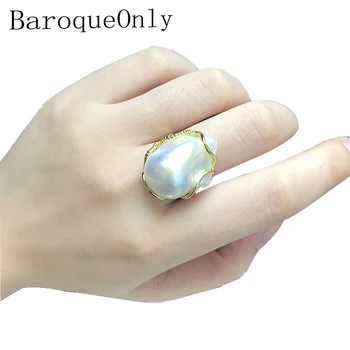 BaroqueOnly de alto brillo blanco perla barroca anillos ajustables naturales, grandes perlas hechas a mano de la joyería 925 de plata esterlina RZ