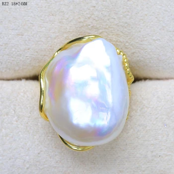 BaroqueOnly de alto brillo blanco perla barroca anillos ajustables naturales, grandes perlas hechas a mano de la joyería 925 de plata esterlina RZ