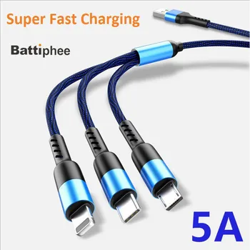 Battiphee 3 En 1 Rápida Cable de Carga 5A Nylon Cable de Carga de 1,2 Metros para Android iOS de Tipo C