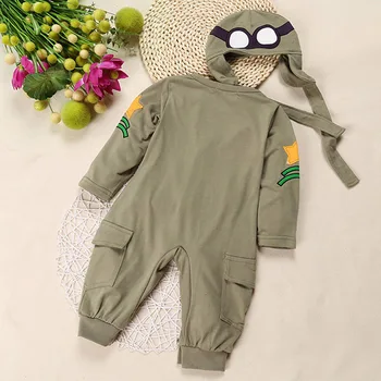 Bebé recién nacido Niños Outwear Peleles Traje de Piloto de la Fuerza Aérea Capitán del Ejército Verde de Manga Larga de Niño Ropa de Bebé con Sombrero de Bebé