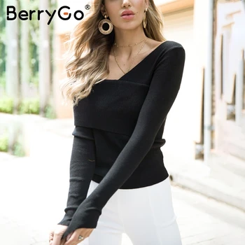 BerryGo un hombro Elegante v-cuello de punto suéter de la mujer de manga Larga suave slim 
