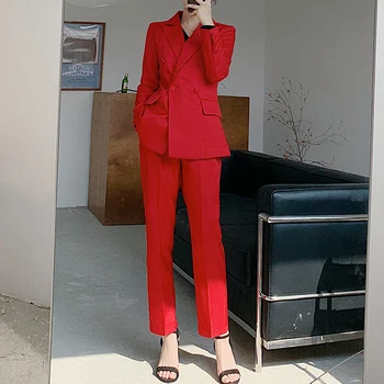 BGTEEVER Moda Rojo de las Mujeres Chaqueta de Traje de Doble botonadura Slim Mujer Chaqueta de Pantalón de Traje OL Estilo de 2 Piezas de Conjunto de las Mujeres Blazer Conjunto de 2020