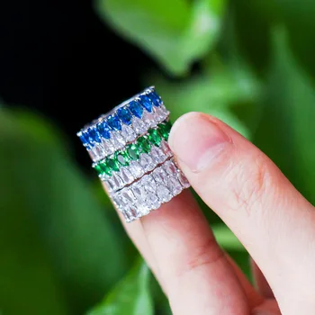Bilincolor de la moda elegante de lujo verde cubic zirconia línea doble gota de agua de la boda anillo de compromiso para las mujeres cuarzos