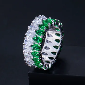 Bilincolor de la moda elegante de lujo verde cubic zirconia línea doble gota de agua de la boda anillo de compromiso para las mujeres cuarzos